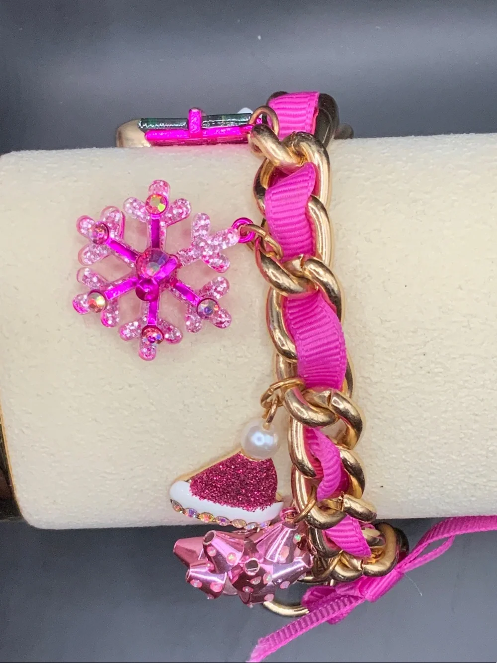 Betsey Johnson Hot Pink Ribbon Charm Bracelet with Gold Chain
